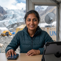 A generated portrait representing Parminder, an Indian research scientist
in her forties.